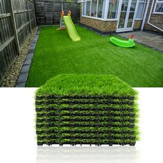 a backyard with artificial grass and an in ground play area, which has a green slide set up on it