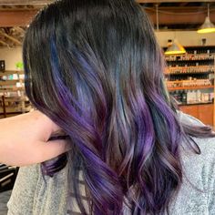 Purple Blue Highlights Brown Hair, Fantasy Color Highlights, Blue And Purple Streaks In Hair, Blue And Purple Hair Highlights, Blue And Purple Highlights, Hairstyle With Butterfly Clips, Hairstyle With Butterfly, Blue Hair Streaks