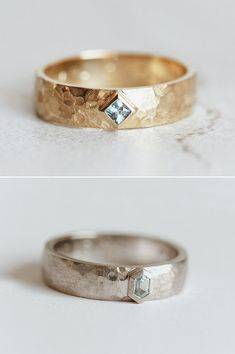 two different views of the same wedding ring, one with a diamond on top and another with a blue stone in the middle