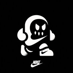 a black and white image of a skull wearing headphones with the nike logo on it