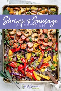 shrimp and sausage sheet pan with vegetables on the side