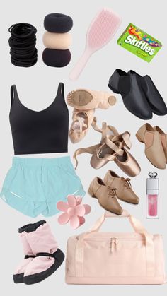 the contents of a ballet outfit and shoes