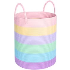 a multicolored basket with handles on the top and bottom, in different colors