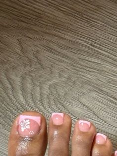 @e1uvv Toenail Inspo Summer, Hibiscus Flower Toe Nails Design, French Toes With Flower, Pink French Pedi, Toe Flower Designs, French Tip Toes With Flower Design, Pedicure Ideas With Flower, French Tip Toenails With Design