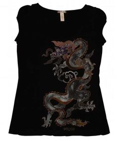 Hand-painted,classic  eastern dragon design tee-shirt *black, cap-sleeve, scoop neck knit top, jr. size m  *One of a kind, hand-painted, hand washable, wearable art. This classical eastern dragon is painted in shades of purple, rust, silver and gold, i love the way different colors of metal look together and i think the silver,gold and bronze metallic paints play off each other equally as well giving this dragon a very elegant look - i wear this type of top with a metallic  sequined jacket, blac Dragon Print Outfit, Black Cotton Tops With Dragon Print, Black Cotton Top With Dragon Print, Casual Crew Neck Top With Dragon Design, Casual Cotton Tops With Dragon Design, Casual Cotton Top With Dragon Design, Dragon Print Clothes, Hand Painted Shirts, Dragon Print Shirt