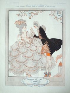 an illustration of two women dressed in fancy clothing