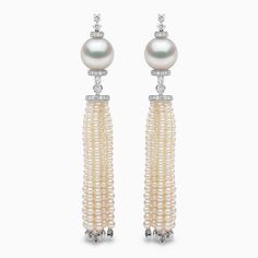 Descending from an ornate arrangement of 13-14mm South Sea Pearls and diamonds, these 18k White Gold earrings feature graduated freshwater pearl tassels. Our Tassel earrings are the epitome of modern high jewellery sophistication, the perfect piece to elevate any outfit. Pearl Size: 13-14mmMetal: 18K White GoldApproximate Diamond Weight: 1.614cts Pearl Tassels, Rare Pearls, High Jewellery, Pearl Jewellery, Yoko London, White Gold Earrings, Earring Crafts, South Sea Pearls, Pearl Types