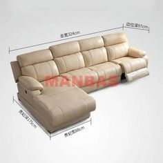 a sectional sofa with ottoman and recliner in beige leather, measurements for the couch