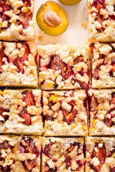 peach cobbler bars cut into squares on a cutting board