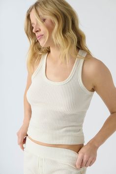 Women's ivory rib knit fitted tank top with scoop neck & curly-edge hem Beige Tank Top For Loungewear, Ribbed Tank Top For Layering, Everyday Beige Tank Top, Everyday Ribbed Sleeveless Camisole, Everyday Ribbed Tank Strap Camisole, Everyday Ribbed Camisole With Tank Straps, Everyday Ribbed Camisole In Solid Color, Solid Ribbed Camisole For Everyday, Everyday Ribbed Solid Color Camisole