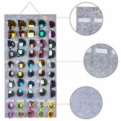 an assortment of sunglasses hanging on a wall next to two circles with different shapes and sizes