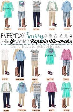 Fun fall back to school capsule wardrobe for girls with items from Target. When you buy these 13 pieces including shoes, you have 15 mix and match back to school outfits. This is great for kids because it is so easy. You could even print out the pictures and they could use them when they get dressed each morning. Back School Outfits, Fall Back To School, Middle School Outfits, Girl's Back, Capsule Outfits, Kids Wardrobe, Fall Back, Tween Outfits, Back To School Outfits