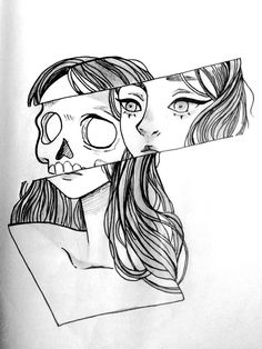 a drawing of two people with their faces cut out