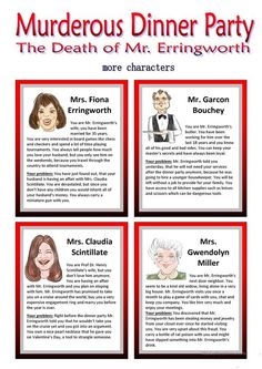 Murderous Dinner Party - ROLEPLAY - Conversation Cards - 7 Pages - English ESL Worksheets for distance learning and physical classrooms Speaking Activities Esl, Mystery Dinner, English Games, Vocabulary Practice