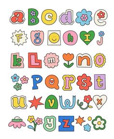 the letters and numbers are made up of colorful flowers, hearts, and stars on white paper