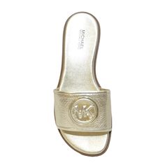 Deanna Cut Out Slide In Pale Gold Mfsrp: $155.00 Defined By A Cutout Logo Charm, This Deanna Sandal Is One Of The Season’s Most Sought-After Styles. They’re Crafted From Leather And Set On A Slightly Stacked Heel That Makes Them Comfortable Enough To Wear For Hours On End. Wear Yours From The City To The Beach And Everywhere In Between. Slide Sandal Leather 100% Leather Lining: Polyurethane Blend Sole: Rubber Open Toe Heel Height: 0.25” Heel Type: Stacked Slip On Imported Style # 49s3dnfa1l Bran Gold Round Toe Slides For Spring, Gold Leather Beach Slides, Gold Leather Slides For The Beach, Chic Gold Slip-on Slides, Chic Gold Leather Slides, Gold Flat Slides, Elegant Gold Leather Slides, Elegant Gold Flat Slides, Gold Slip-on Slides With Leather Footbed