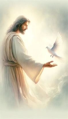 a painting of jesus holding a dove in his hand