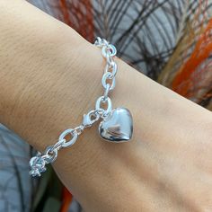 Materials: 925 Sterling Silver(S925 Stamp) Bracelet Length: 7.85” (20.5cm) Bracelet Heart Size: 14mm X 14mm Bracelet Width: 6mm Weight: 12.6g Color: Silver Delivery: Ready To Ship In Same Day Or Next Business Day. Silver Heart-shaped Chain Bracelet, Silver Sterling Silver Bracelet With Heart Charm, Sterling Silver Bracelet With Heart Charm, Silver Heart Chain Bracelet For Valentine's Day, Silver Heart Bracelets For Valentine's Day, Sterling Silver Heart Charm Bracelet For Gift, Sterling Silver Heart Charm Bracelet Gift, Sterling Silver Chain Bracelet With Heart Charm, Silver Metal Chain Bracelet With Heart Charm