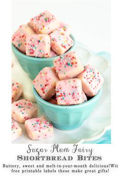 sugar plum fairy shortbread bites are in a blue bowl with sprinkles