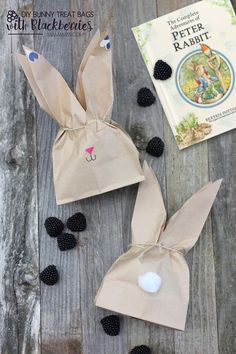 two paper bags with blackberries on them next to a book and some other items