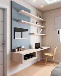 a white desk with a laptop on top of it in front of a blue wall