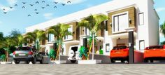 two cars parked in front of a building with palm trees and birds flying above it