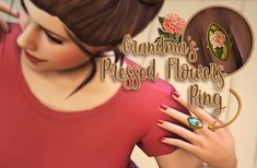 a woman in a red shirt is holding her hand up to her ear with the words grandma's pressed flowers ring on it