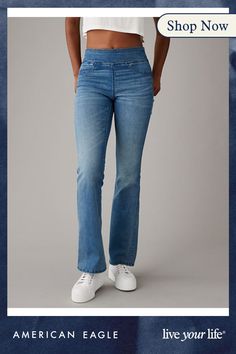 Luxe stretch/Buttery soft, smoothing waistband, and moves-with-you comfort/Soft, smoothing pocket design/Fading details for that authentic denim look/Medium wash/These pants are Real Good: Made with the planet in mind & a promise to continue to do be Bootcut Jeans, American Eagle Outfitters, American Eagle, Women Jeans, High Waisted, Pants