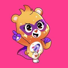 a cartoon bear wearing a purple mask and holding a toy in its paws on a pink background