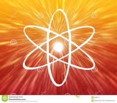 an image of the symbol for science on a red and yellow background with light rays