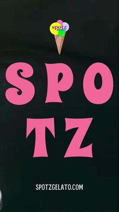 an ice cream cone with the word spo tz written in pink on it