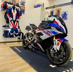 a motorcycle is parked in a showroom