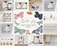 a collage of photos with butterflies on them and the words, butterfly first birthday bundle