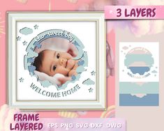 a frame with a baby's face and name on it