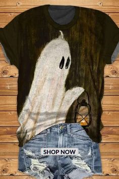 Women's Casual Ghost Art Printed Short Sleeve T-Shirt Fall Festival Graphic Print T-shirt, Casual Green Halloween Top, Crew Neck Tops For Halloween Festival, Trendy Halloween Festival Tops, Casual Green Festival T-shirt, Halloween Festival Graphic Print Top, Halloween Printed Crew Neck T-shirt, Cotton Halloween Festival T-shirt, Halloween Festival Cotton T-shirt