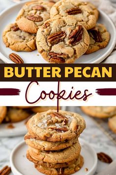 butter pecan cookies stacked on top of each other with the words, butter pecan cookies