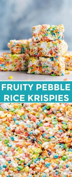 fruity pebble rice krispies are stacked on top of each other