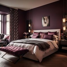 a bedroom with purple walls and white bedding