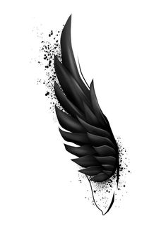 a black and white drawing of a feather with splats on it's wings