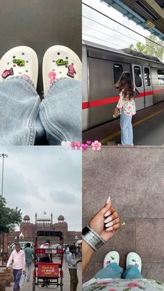 the collage shows two people standing next to a train and one person wearing slippers