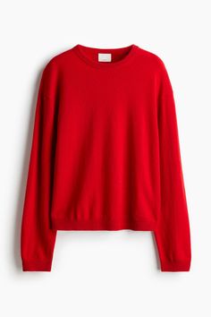 Relaxed-fit sweater in soft  fine-knit cashmere. Round neckline  heavily dropped shoulders  and extra-long sleeves. Ribbing at neckline  cuffs  and hem. Rounded  slightly longer hem at back. Extra Long Sleeves, Fitted Sweater, Cashmere Sweater, Red Sweaters, Cashmere Sweaters, Extra Long, Round Neckline, Cashmere, H&m