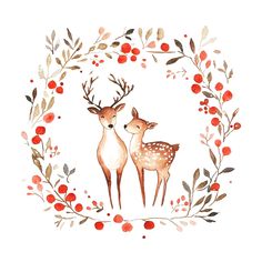 two deer standing next to each other in a wreath