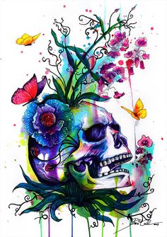 a painting of a skull with flowers and butterflies on it's head is shown