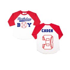 two baseball shirts that say birthday boy and caden