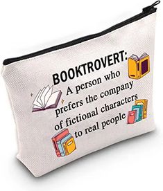 a white zippered bag with an image of books on it