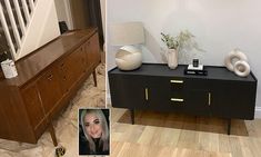 two pictures side by side one has a dresser and the other has a vase on it