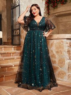 Plus Size Women V-Neck Sparkling Embroidery Contrast Color Double Layer Tulle Ball Gown Long Dress | SHEIN USA Chic Bodycon Dress, Tulle Balls, Middle Age Fashion, Tulle Ball Gown, Floral Fit, Black Tie Event, Classy Dress, Plus Size Dress, Ball Dresses