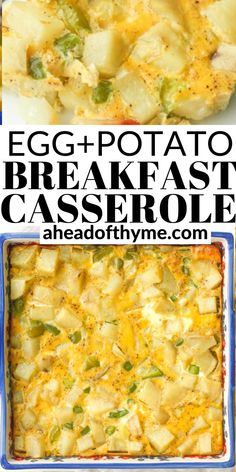 an egg and potato breakfast casserole is shown in two different pictures with the title above it