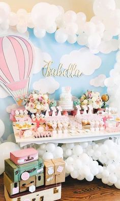 a birthday party with balloons, cake and desserts