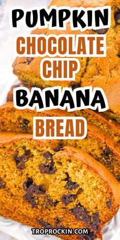 pumpkin chocolate chip banana bread with text overlay